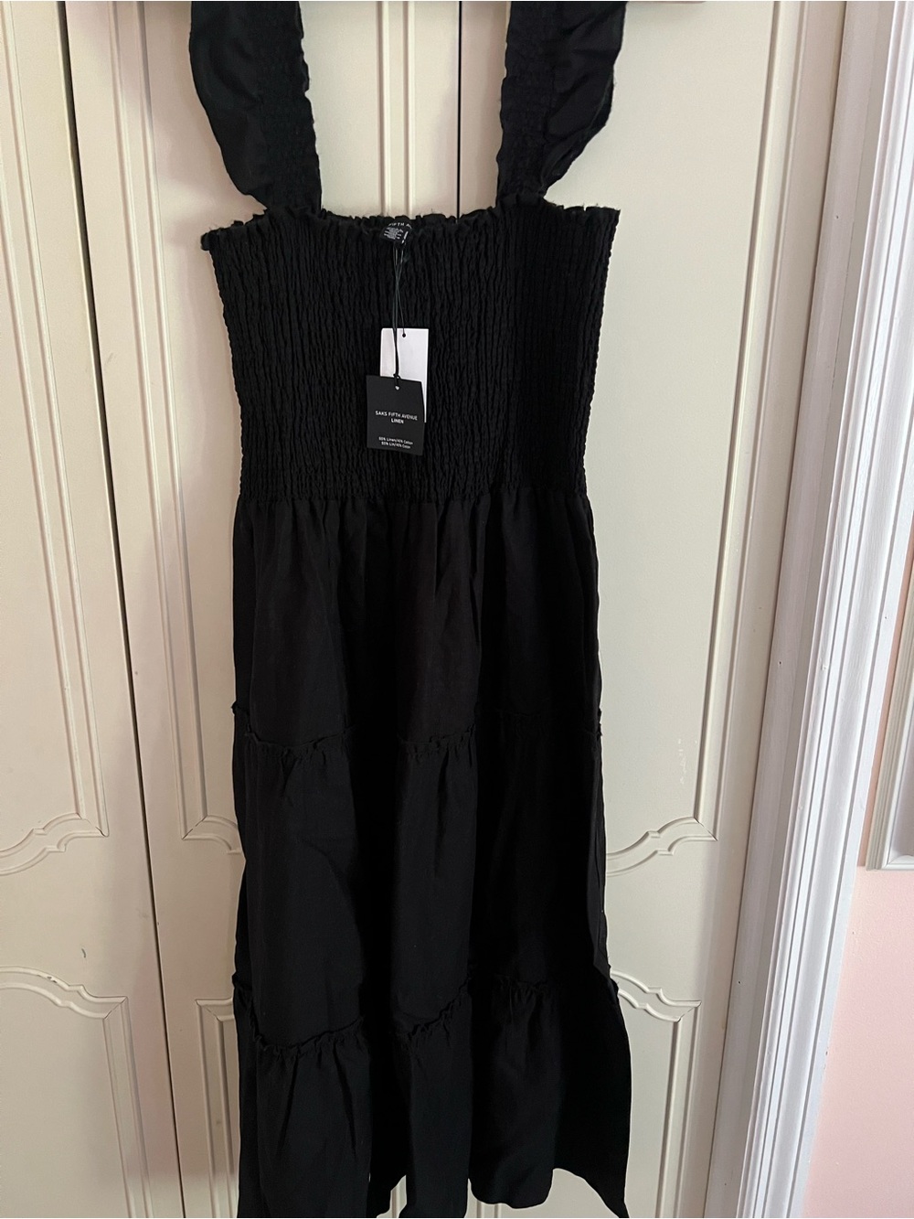 Saks Fifth Avenue Black Linen Smocked Tiered Sundress